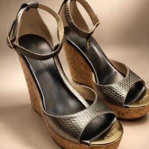 Metallic Silver Cork Wedge Sandals with Ankle Strap
